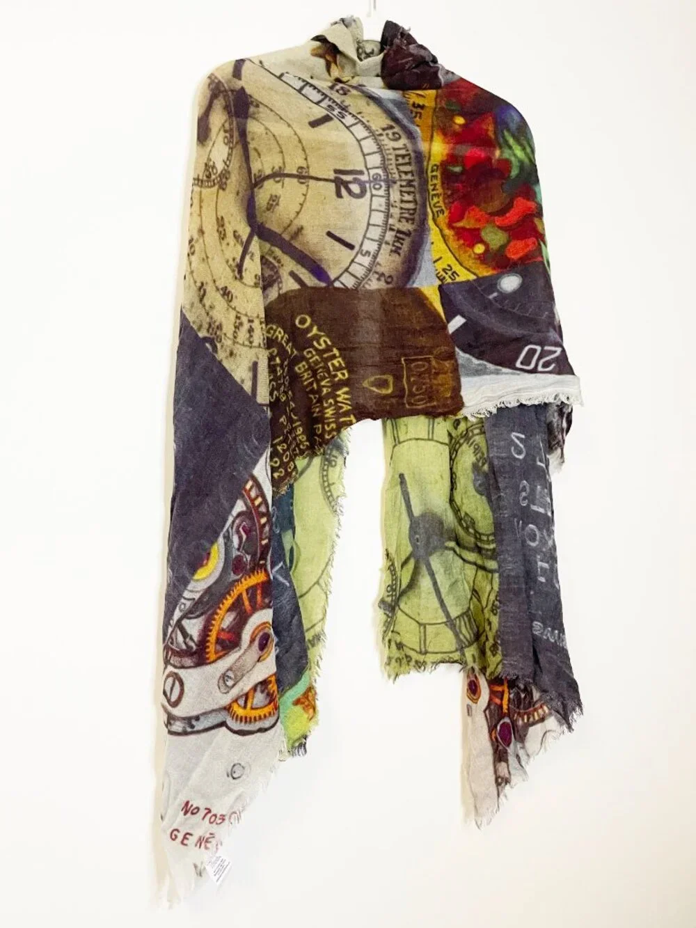 Wearable Art Wool Blend Clock Scarf Watch Print Fringe Wrap Shawl NWT GIft